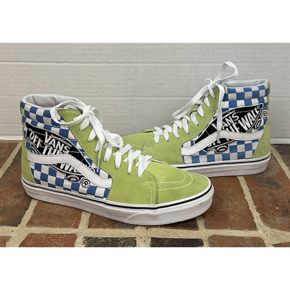 Vans Sk8-Hi Off The Wall Patch High Tops Green Blue White Checked Men 8 Wms 9.5